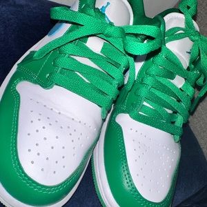 Green and blue Jordan low tops